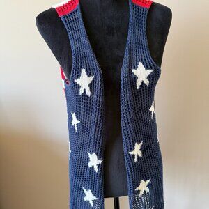 Cloud Chaser Large American Flag Loose Weave Fringed Open Sleeveless Vest